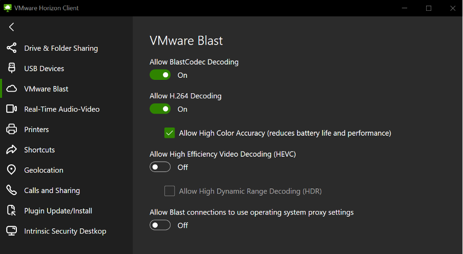 Codec settings for the Horizon client.